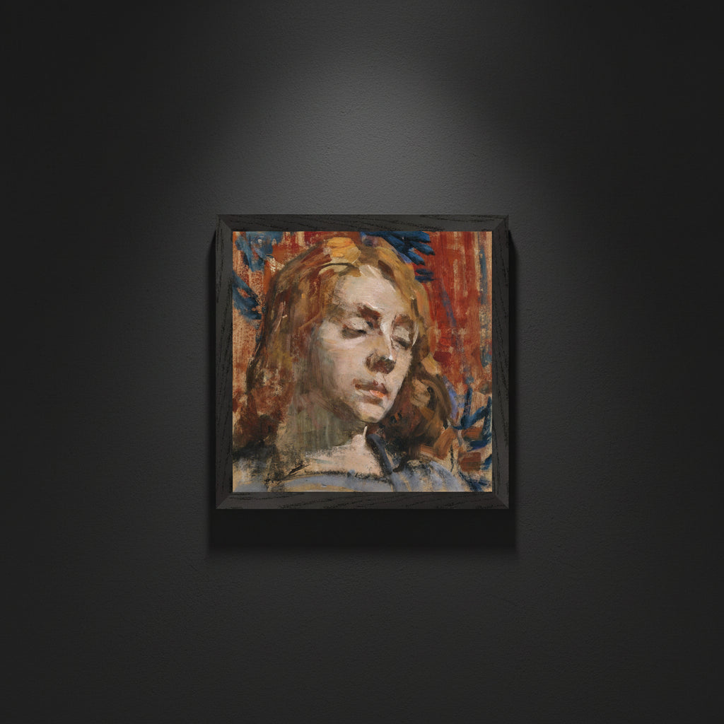 Portrait of Kathleen Behan by Sarah Purser in a black frame on a dark charcoal wall under a spotlight