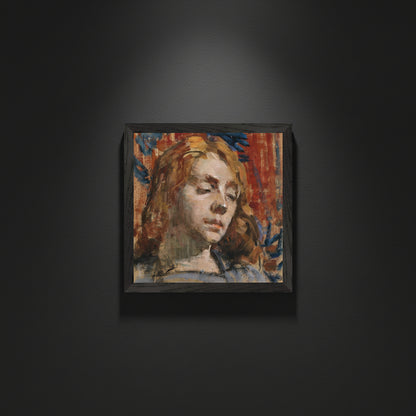 Portrait of Kathleen Behan by Sarah Purser in a black frame on a dark charcoal wall under a spotlight