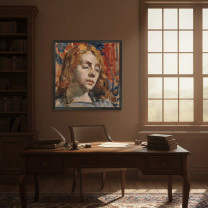 Portrait of Kathleen Behan by Sarah Henrietta Purser in black frame in a classical Georgian interior