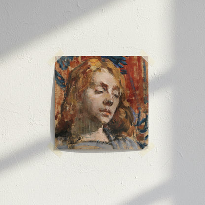 Portrait of Kathleen Behan by Sarah Henrietta Purser, unframed art print on a white wall with soft shadow