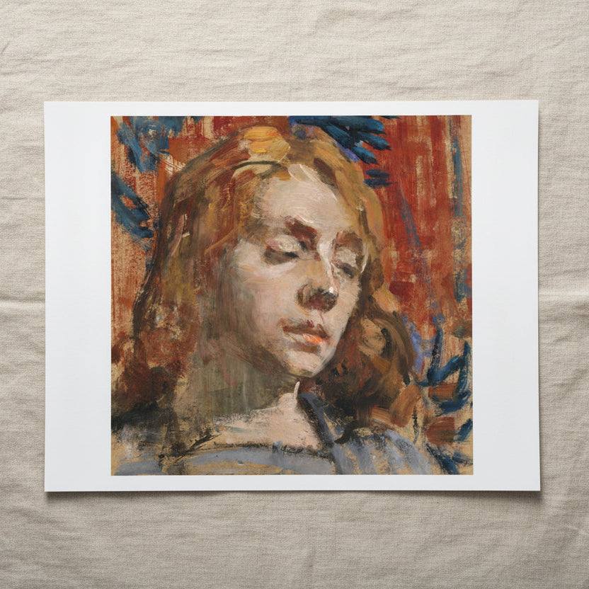 Portrait of Kathleen Behan by Sarah Purser unframed print with a white border on beige linen