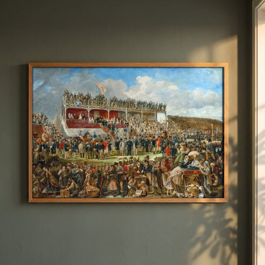 Punchestown Races by John Fergus O'Hea framed print in a natural oak frame on a dark green wall beside a window, dappled plant shadow