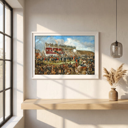 Punchestown Races by John Fergus O'Hea framed print in a white frame on a plaster wall above an oak worktop in a bright Scandinavian kitchen