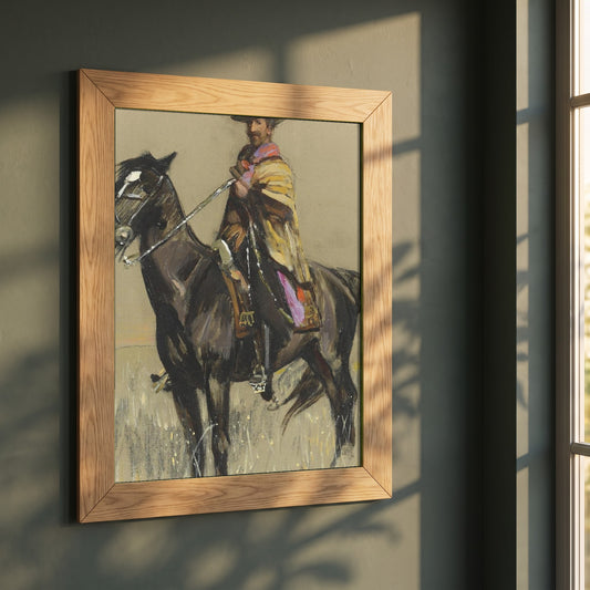 R.B. Cunninghame Graham on 'Pampa' framed print in a natural oak frame on a dark green wall beside a window, dappled plant shadow