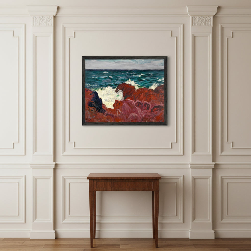 Red Rocks and Sea framed print in a black frame above an antique side table in a cream panelled Georgian room