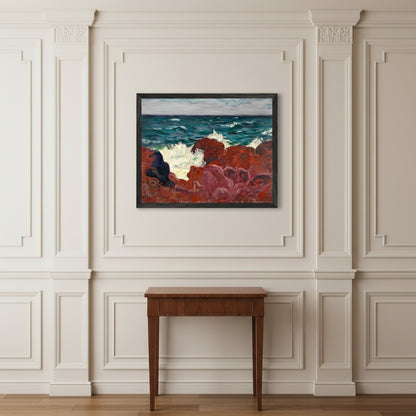 Red Rocks and Sea framed print in a black frame above an antique side table in a cream panelled Georgian room