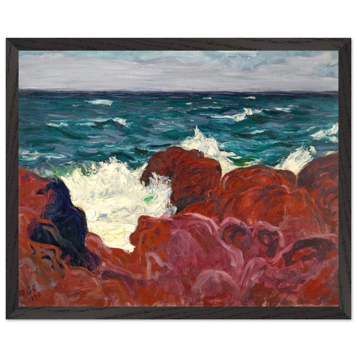 Red Rocks and Sea by Roderic O'Conor in a black frame, straight-on view of the framed artwork