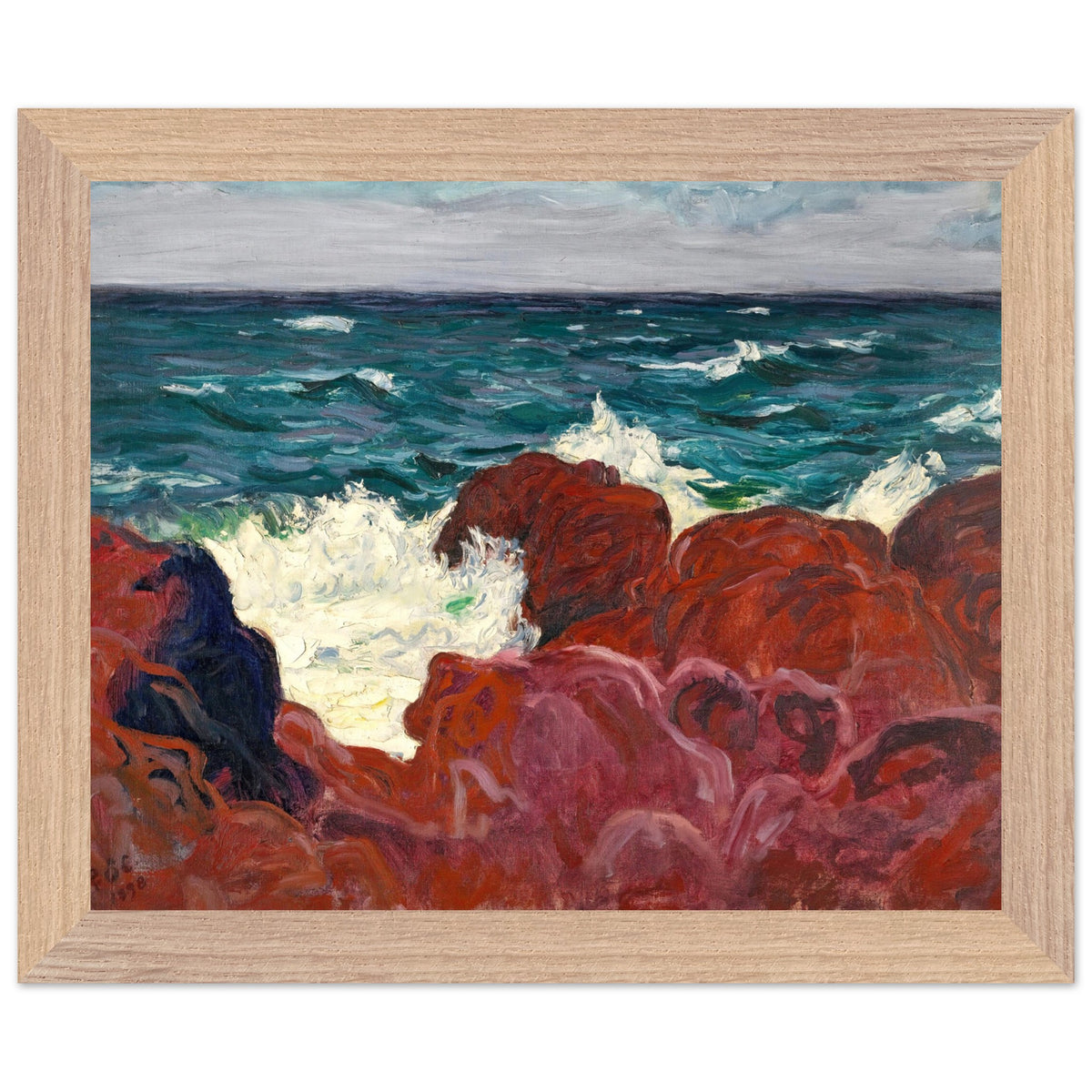 Framed Red Rocks and Sea print in a natural oak frame, O'Conor seascape of red rocks and breaking waves