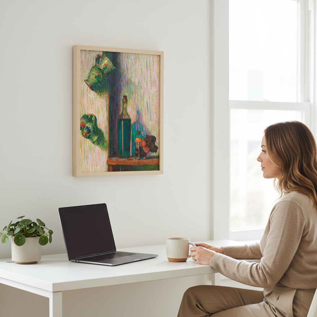 O'Conor still life framed print in an oak frame above a white desk where a woman works on a laptop