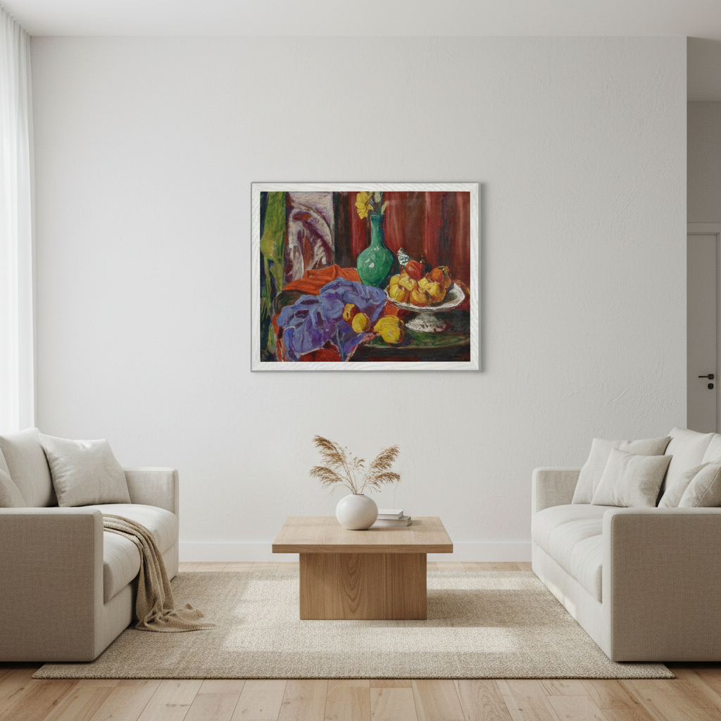 Still Life of Fruit and Green Vase by Roderic O'Conor framed print in a white frame between two cream sofas