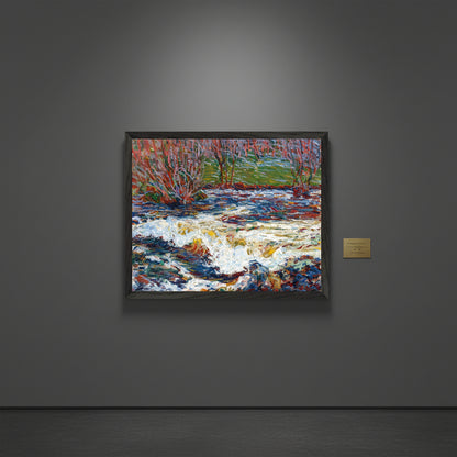 The Rushing Stream by Roderic O'Conor framed print in a black frame on a charcoal grey gallery wall
