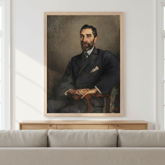 Framed portrait print of Roger Casement by Sarah Henrietta Purser displayed above a sideboard in a modern living room