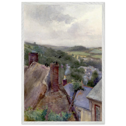 Rooftops, Thomastown, Kilkenny by Mildred Anne Butler in a white frame, chimneys and slate roofs above green hills