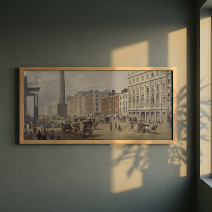 Sackville Street, Dublin framed print in a natural oak frame on a dark green wall beside a window, dappled plant shadow