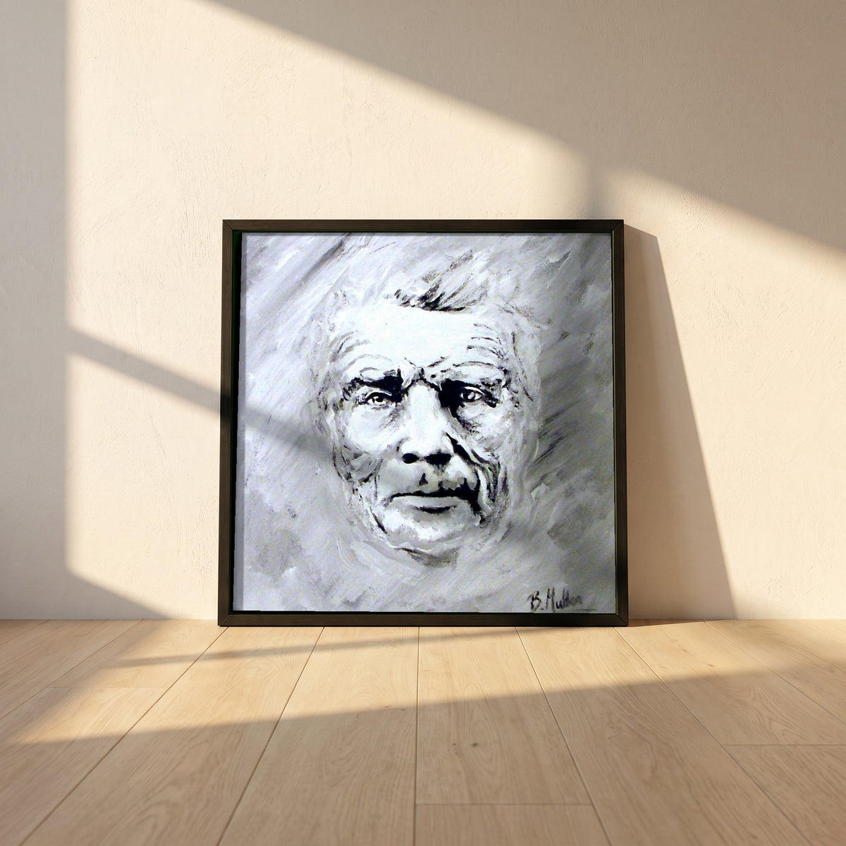 Samuel Beckett Portrait framed print in a black frame leaning against a white plaster wall on oak floorboards in morning light