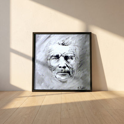Samuel Beckett Portrait framed print in a black frame leaning against a white plaster wall on oak floorboards in morning light