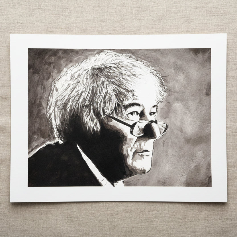 Seamus Heaney portrait unframed print on textured paper, black and white poet portrait