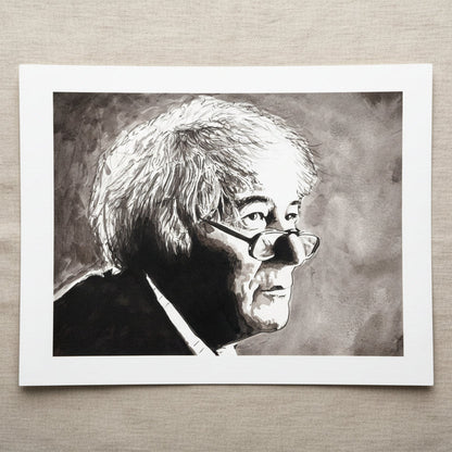 Seamus Heaney portrait unframed print on textured paper, black and white poet portrait