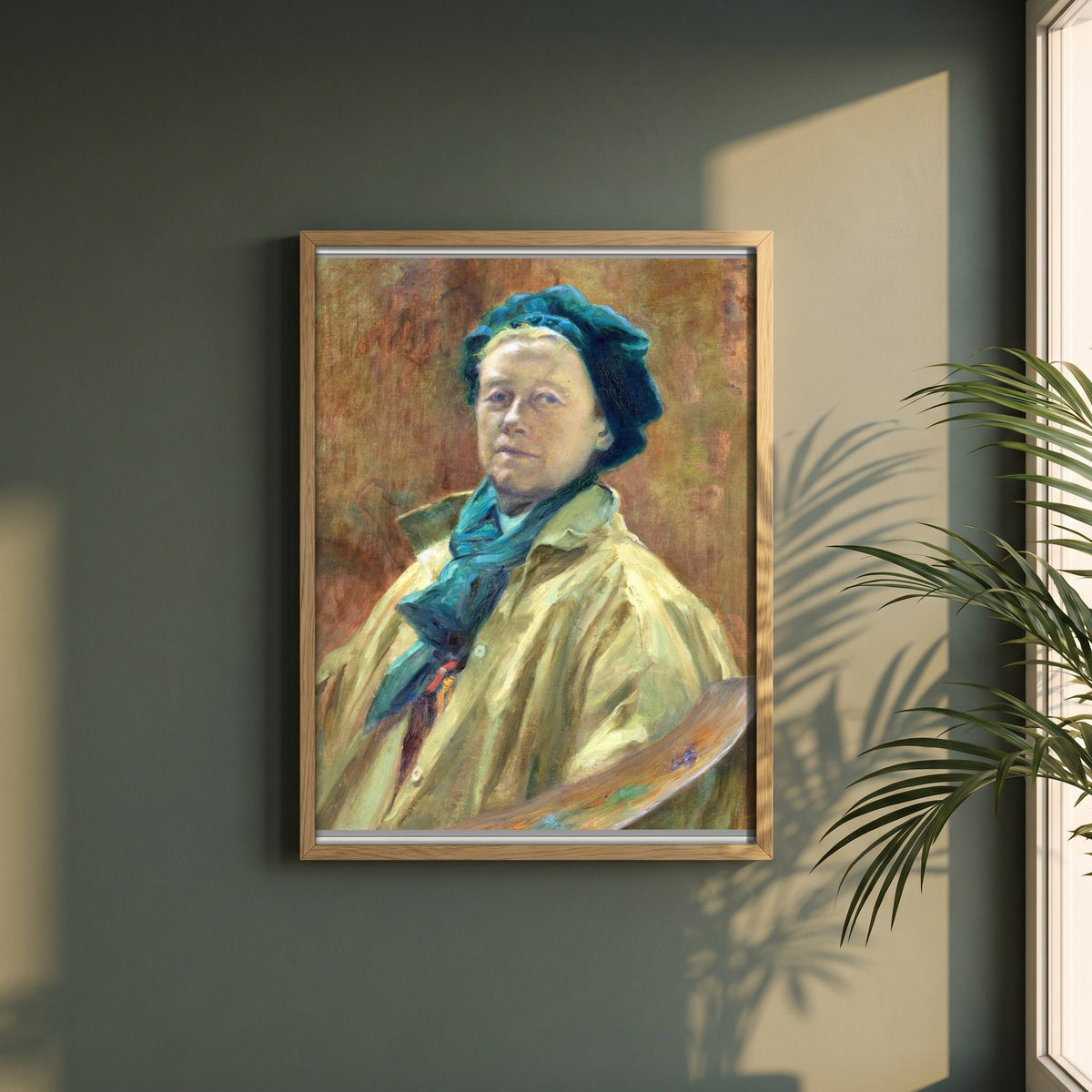 Self-Portrait by Helen Mabel Trevor framed print in a natural oak frame on a dark green wall beside a window, dappled plant shadow