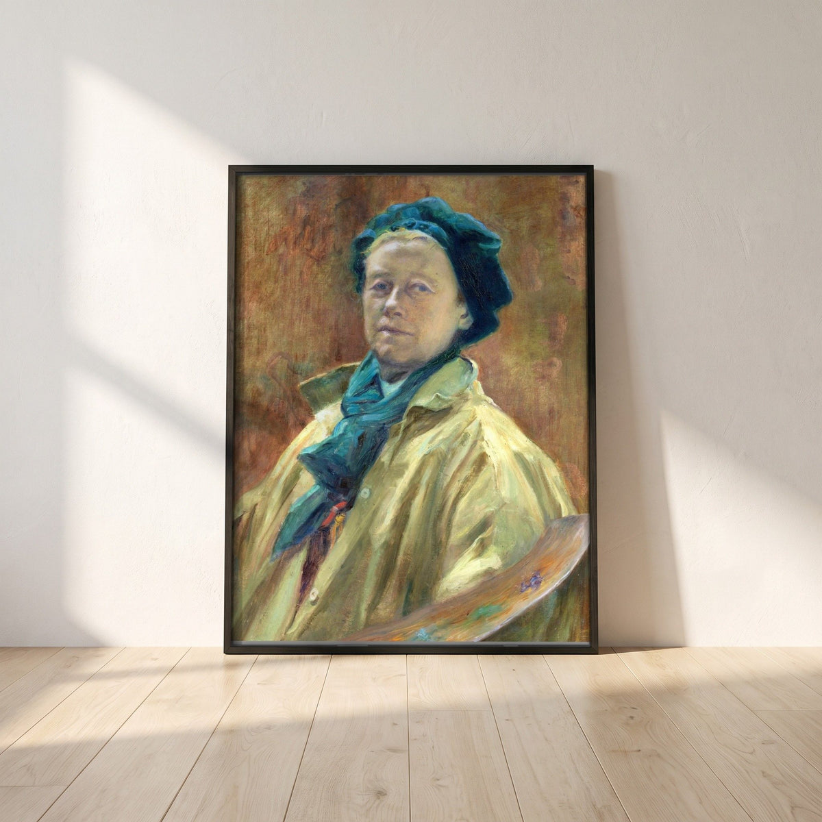 Self-Portrait by Helen Mabel Trevor framed print in a black frame leaning against a white plaster wall on oak floorboards in morning light