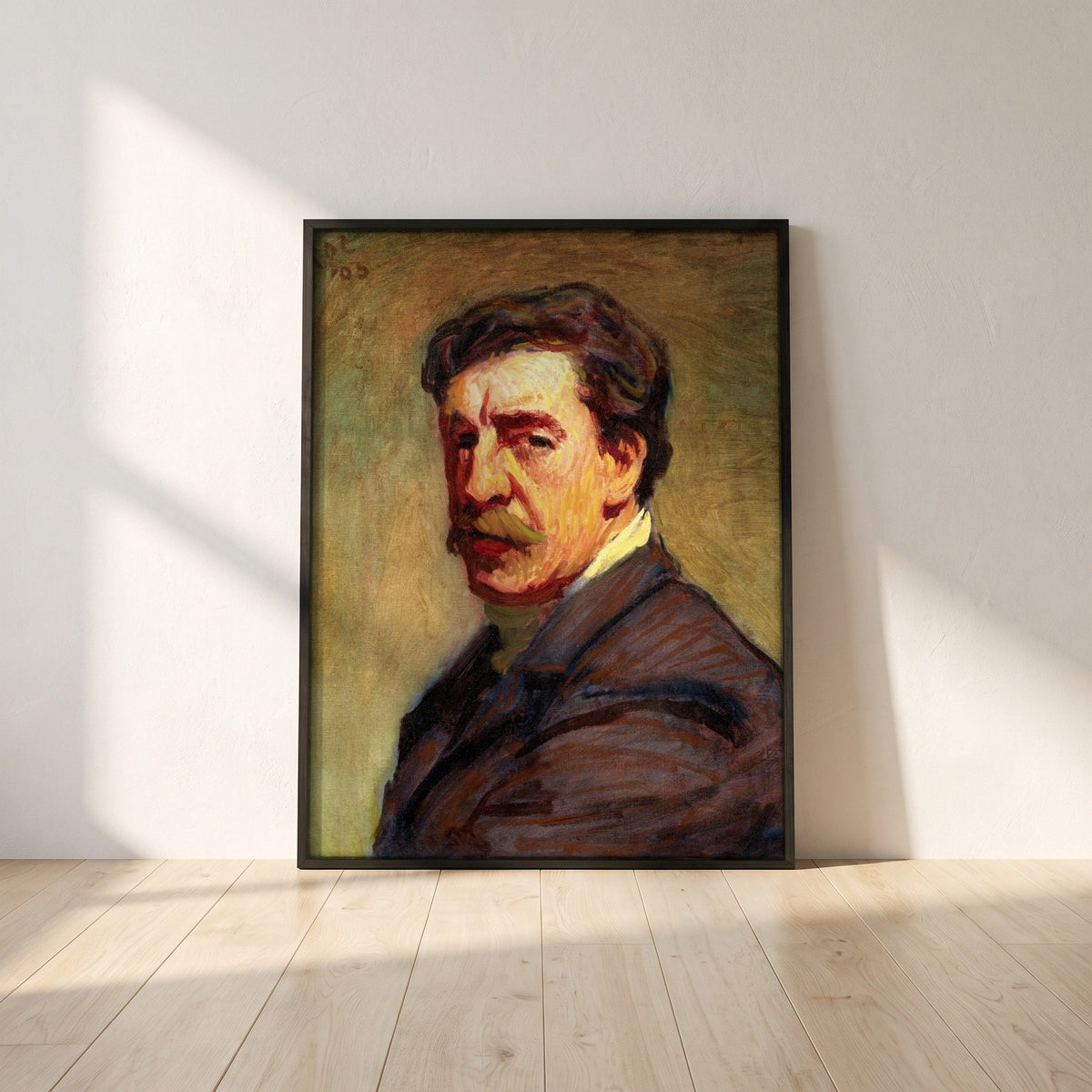 Self-Portrait (1903) by Roderic O'Conor framed print in a black frame leaning against a white plaster wall on oak floorboards in morning light