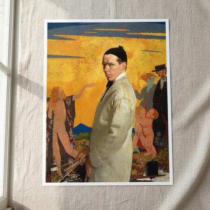 Self-Portrait with Sowing New Seed by William Orpen, unframed print hanging against draped linen