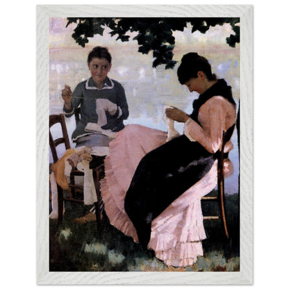Sewing in the Shade by John Lavery print in a white frame, two women sewing beneath a tree