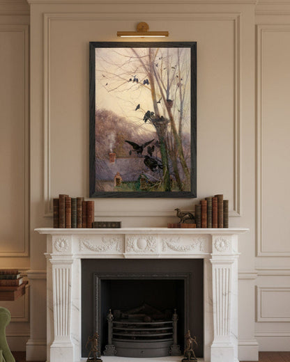 Shades of Evening by Mildred Anne Butler in black frame above traditional fireplace