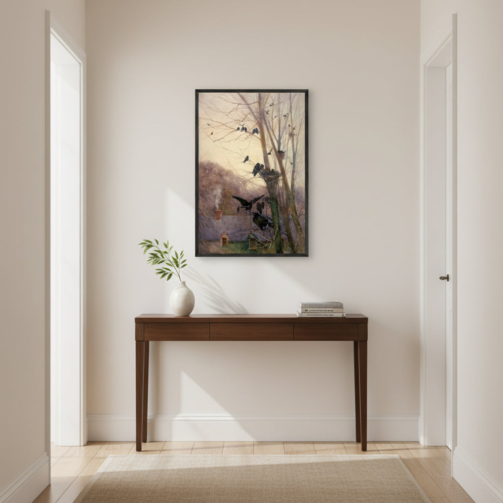 Shades of Evening by Mildred Anne Butler in black frame above hallway console table