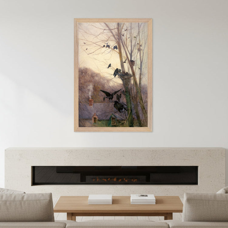 Shades of Evening by Mildred Anne Butler in natural oak frame styled above modern fireplace in minimalist living room