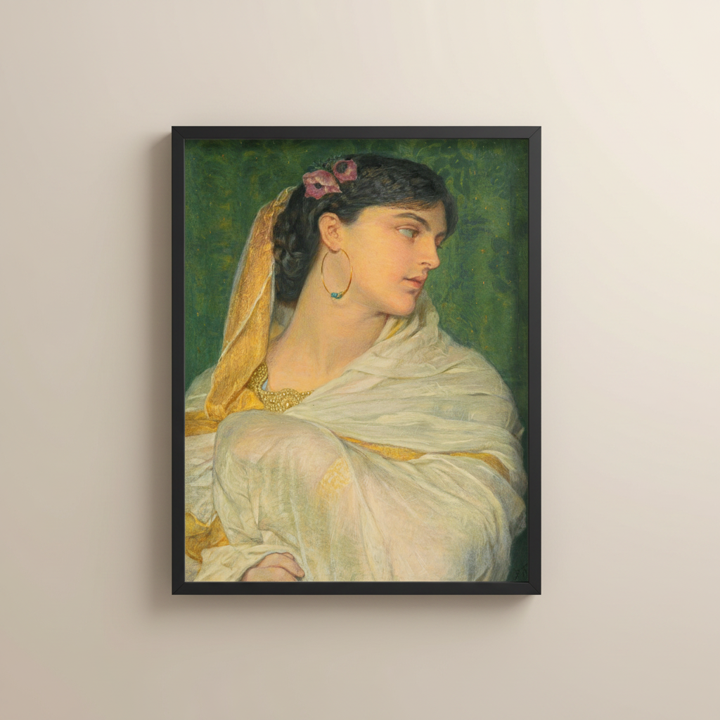 Shireen by Frederic William Burton framed print in a black frame on a plain cream wall