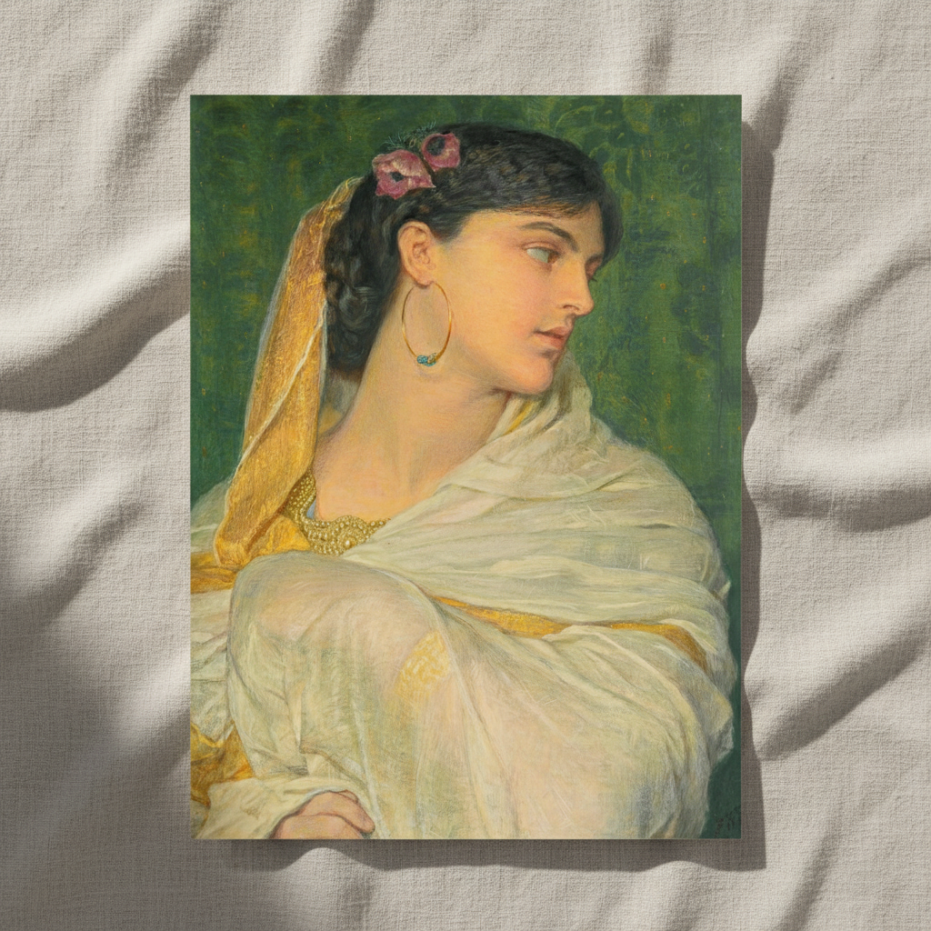 Shireen by Frederic William Burton unframed print resting on draped linen fabric