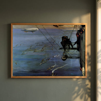 A Convoy, North Sea framed print in a natural oak frame on a dark green wall beside a window, dappled plant shadow