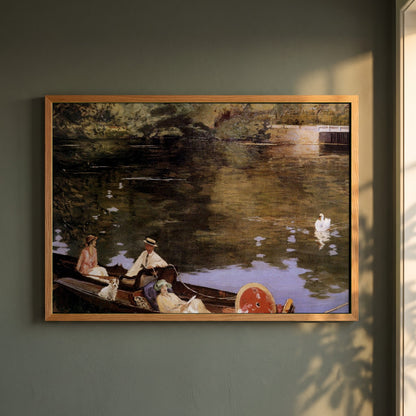 Sutton Courtenay framed print in a natural oak frame on a dark green wall beside a window, dappled plant shadow