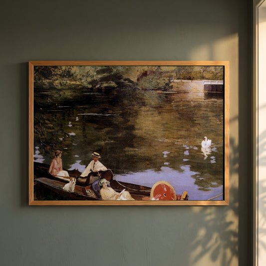Sutton Courtenay framed print in a natural oak frame on a dark green wall beside a window, dappled plant shadow