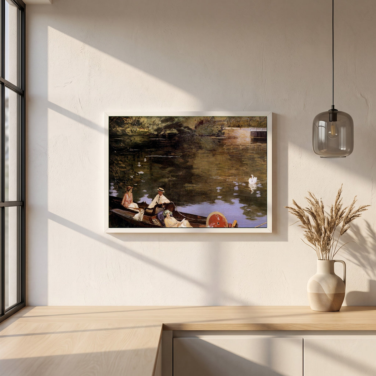 Sutton Courtenay framed print in a white frame on a plaster wall above an oak worktop in a bright Scandinavian kitchen