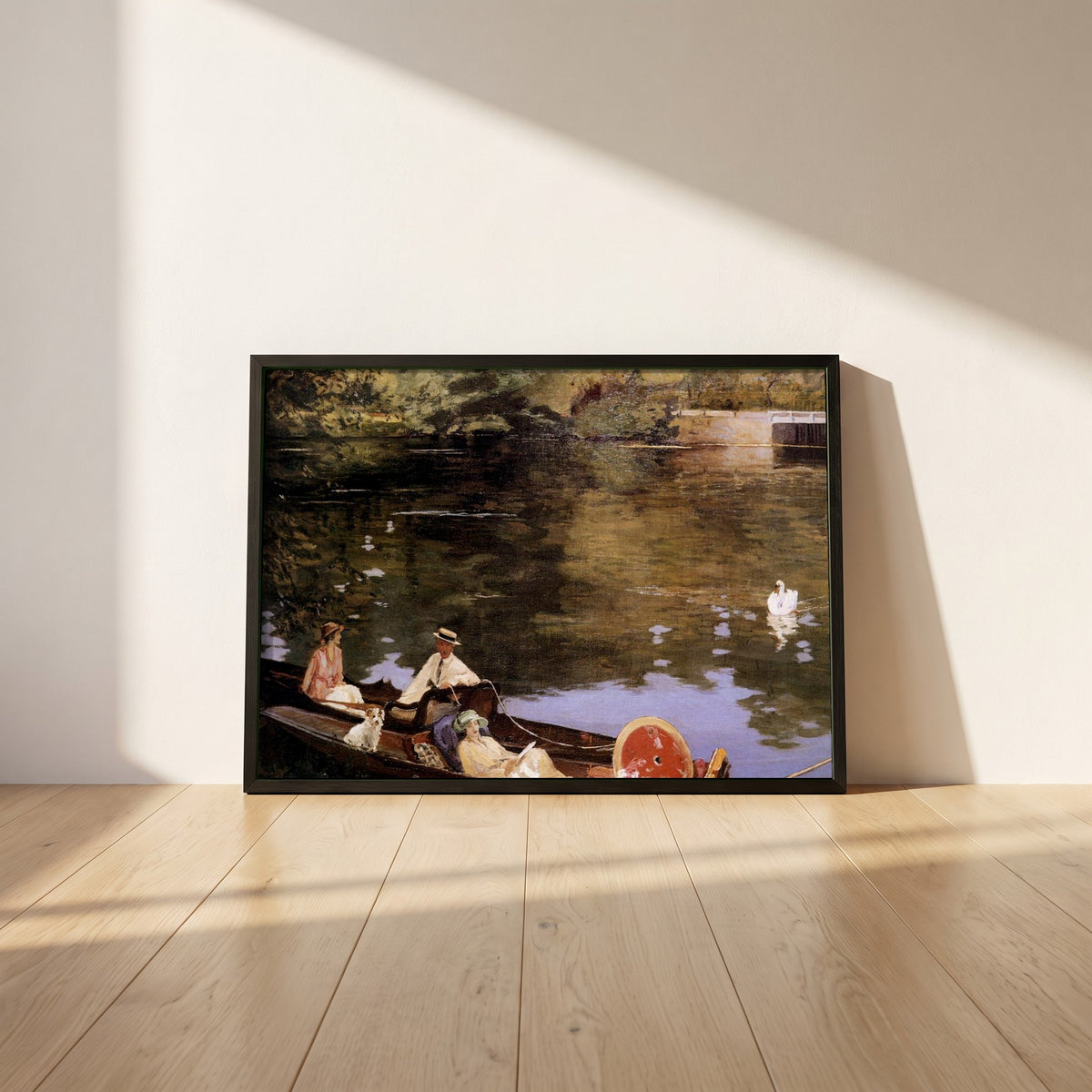 Sutton Courtenay framed print in a black frame leaning against a white plaster wall on oak floorboards in morning light