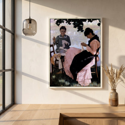 Sewing in the Shade framed print in a white frame on a plaster wall above an oak worktop in a bright Scandinavian kitchen