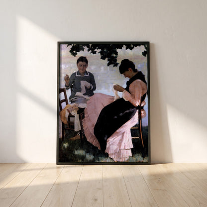 Sewing in the Shade framed print in a black frame leaning against a white plaster wall on oak floorboards in morning light