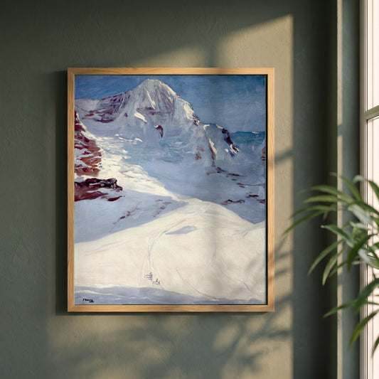 Sir John Lavery framed print in a natural oak frame on a dark green wall beside a window, dappled plant shadow