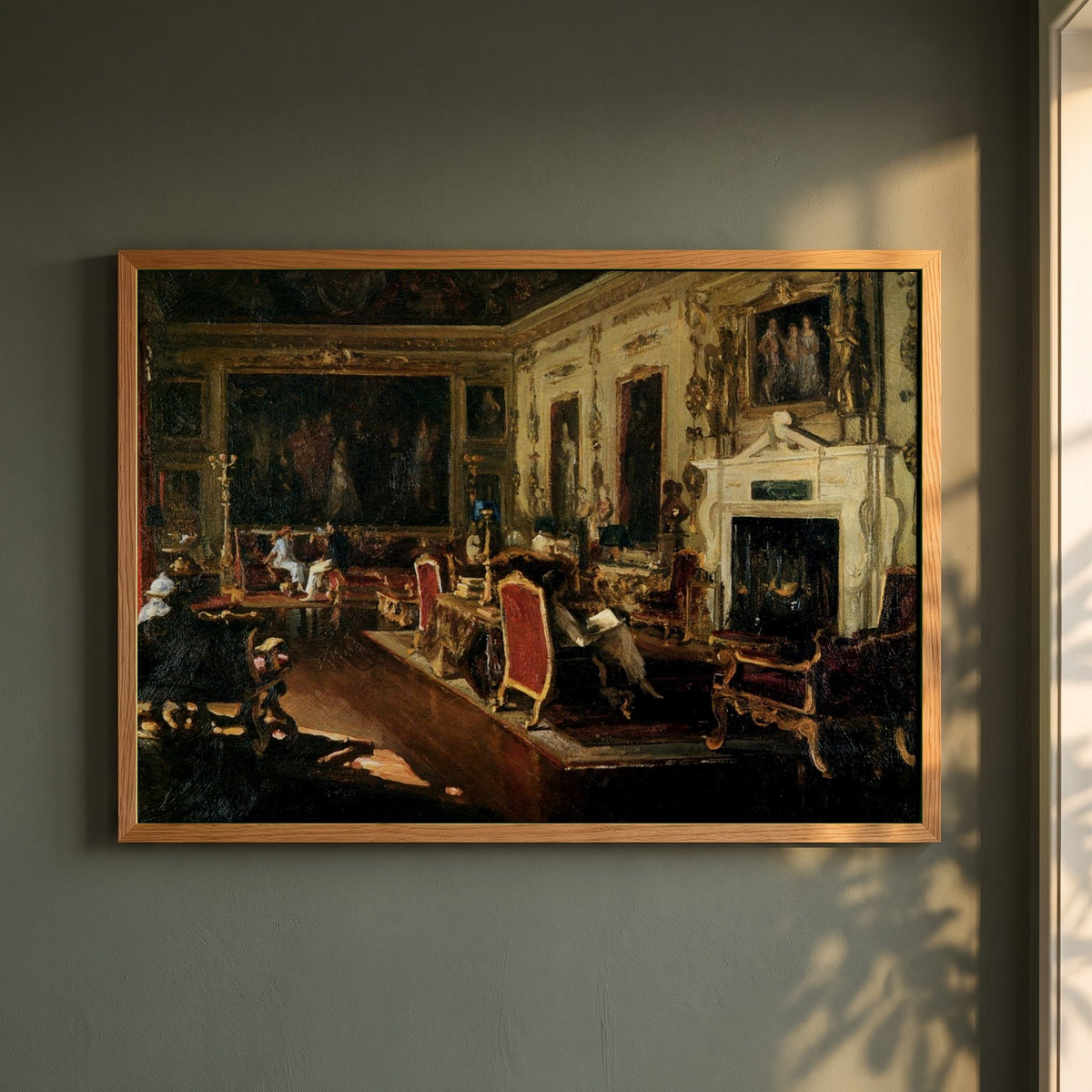 The Van Dyck Room, Wilton framed print in a natural oak frame on a dark green wall beside a window, dappled plant shadow