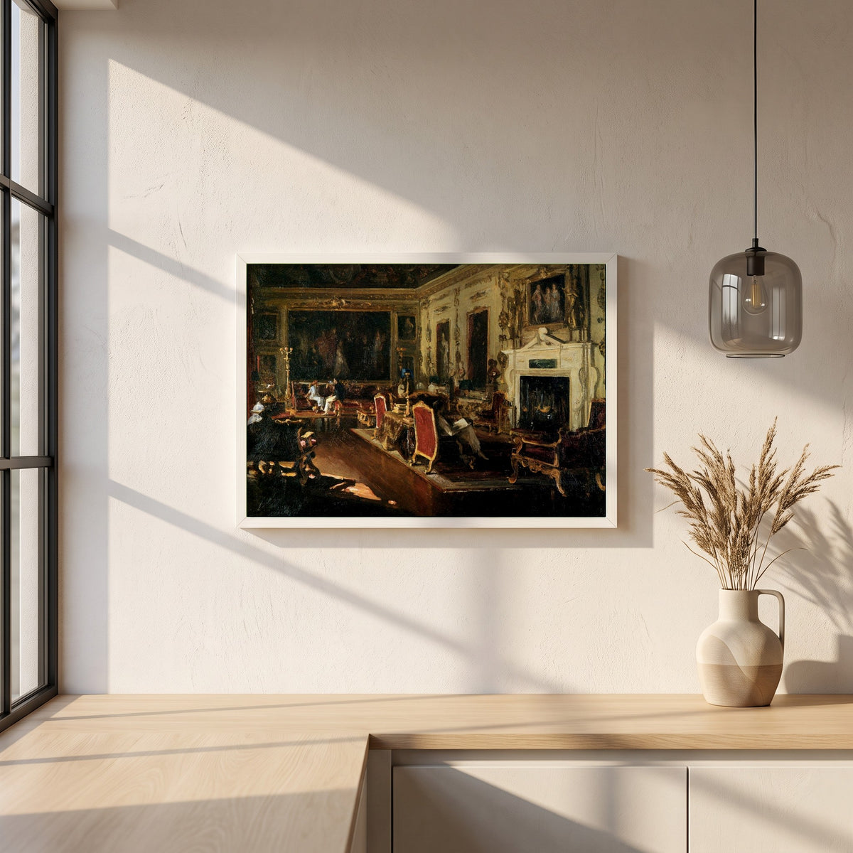 The Van Dyck Room, Wilton framed print in a white frame on a plaster wall above an oak worktop in a bright Scandinavian kitchen
