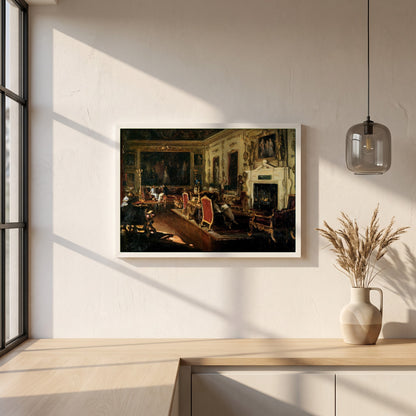 The Van Dyck Room, Wilton framed print in a white frame on a plaster wall above an oak worktop in a bright Scandinavian kitchen
