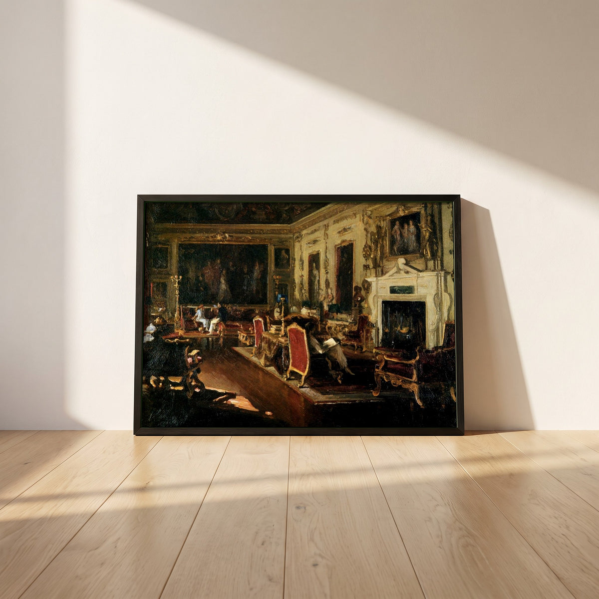 The Van Dyck Room, Wilton framed print in a black frame leaning against a white plaster wall on oak floorboards in morning light