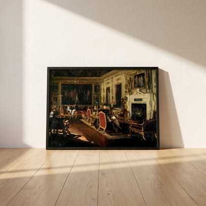 The Van Dyck Room, Wilton framed print in a black frame leaning against a white plaster wall on oak floorboards in morning light