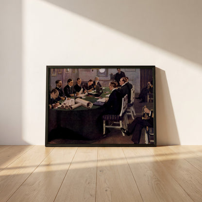 Admiral Sir David Beatty Reading the Terms of the Armistice framed print in a black frame leaning against a white plaster wall on oak floorboards in morning light