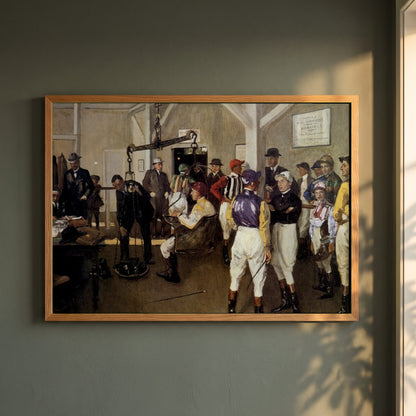 The Weighing Room, Hurst Park framed print in a natural oak frame on a dark green wall beside a window, dappled plant shadow