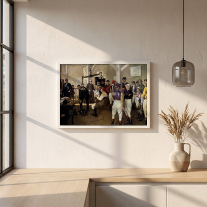 The Weighing Room, Hurst Park framed print in a white frame on a plaster wall above an oak worktop in a bright Scandinavian kitchen