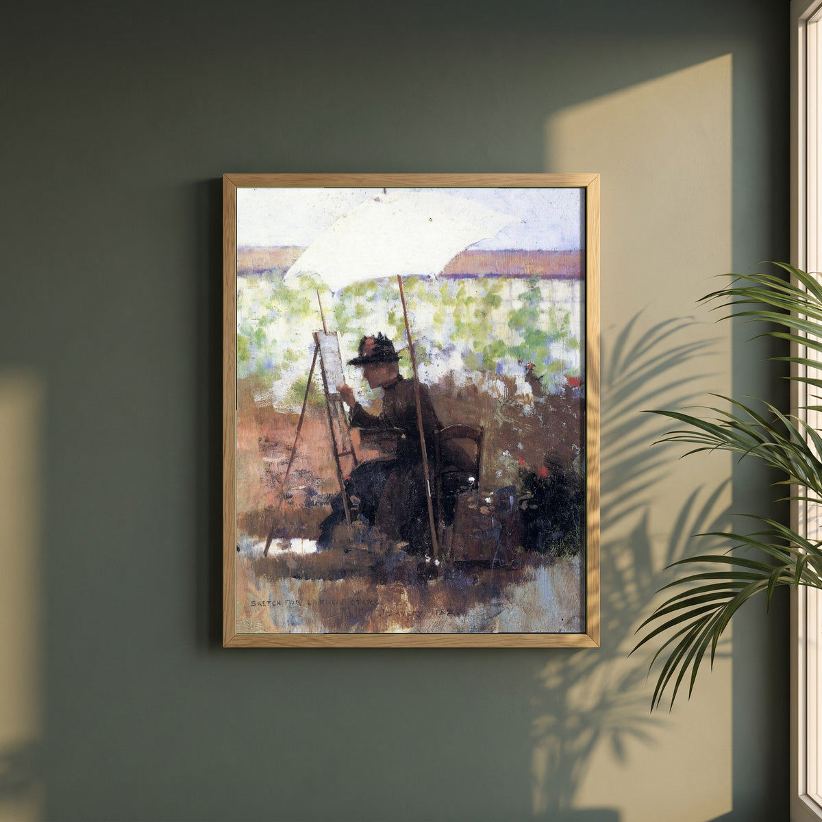 Sketch for 'A Pupil of Mine' framed print in a natural oak frame on a dark green wall beside a window, dappled plant shadow