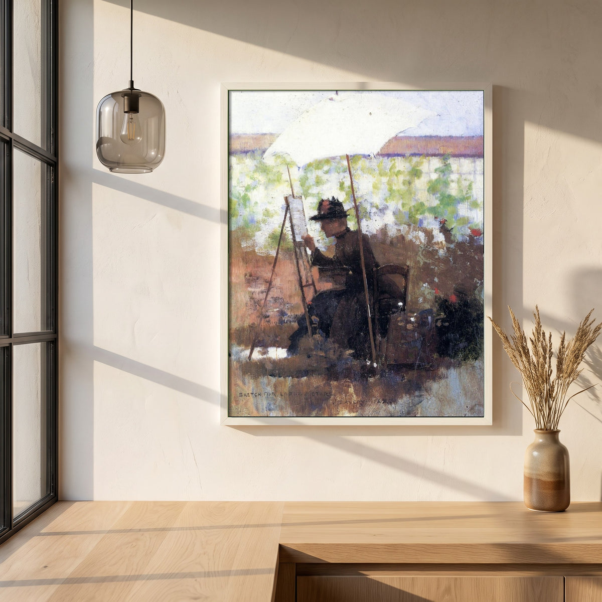 Sketch for 'A Pupil of Mine' framed print in a white frame on a plaster wall above an oak worktop in a bright Scandinavian kitchen